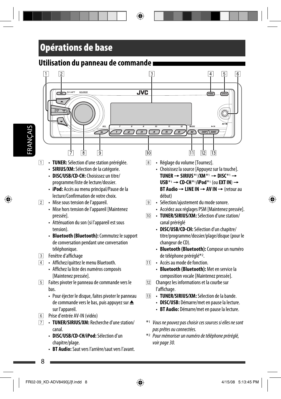 Opérations de base, Utilisation du panneau de commande, 8français | JVC KD-ADV8490 User Manual | Page 140 / 201