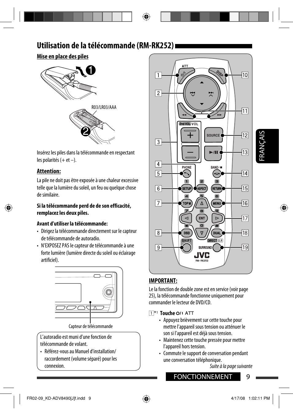 Utilisation de la télécommande (rm-rk252), 9fonctionnement français | JVC KD-ADV8490 User Manual | Page 141 / 201