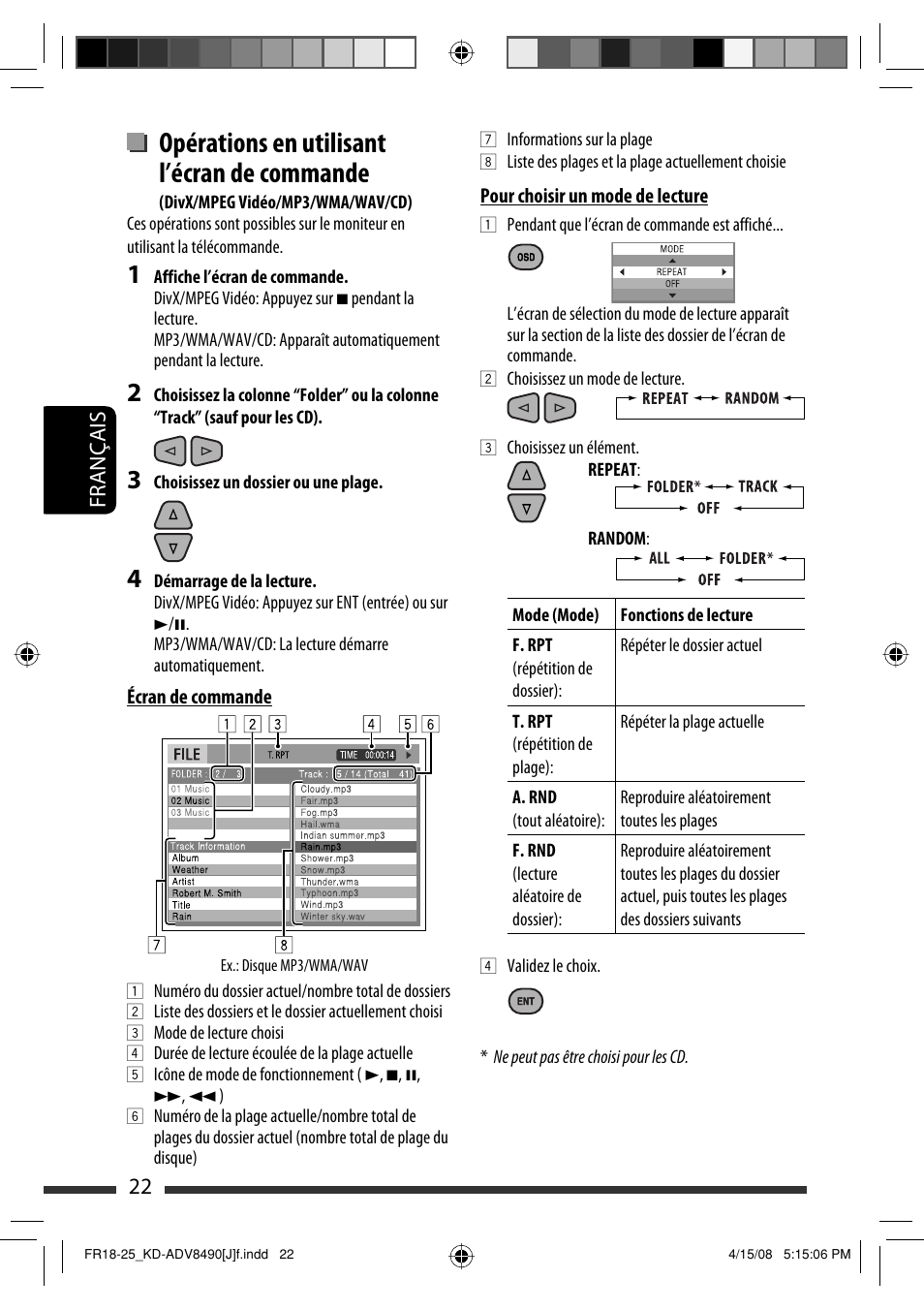 Opérations en utilisant l’écran de commande, 22 français | JVC KD-ADV8490 User Manual | Page 154 / 201