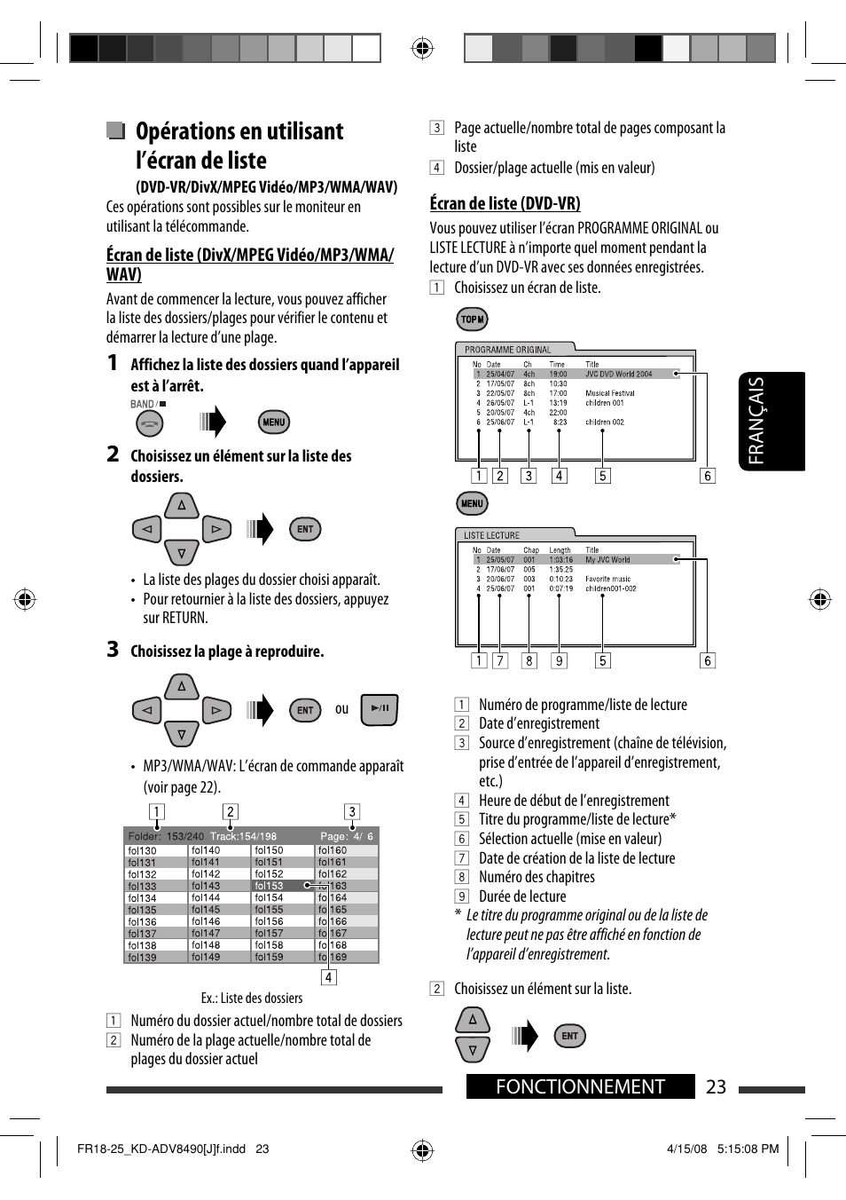 Opérations en utilisant l’écran de liste, 23 fonctionnement français | JVC KD-ADV8490 User Manual | Page 155 / 201