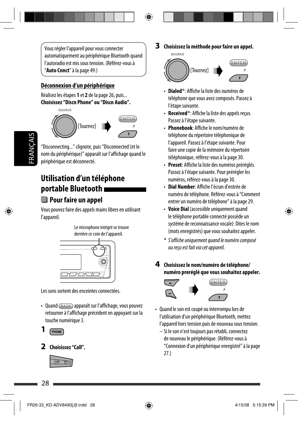 Utilisation d’un téléphone portable bluetooth, Pour faire un appel | JVC KD-ADV8490 User Manual | Page 160 / 201