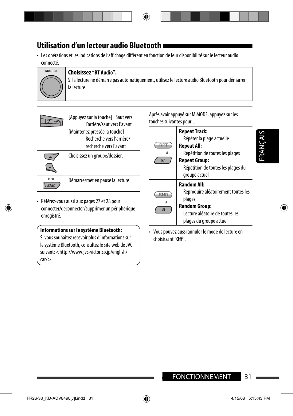 Utilisation d’un lecteur audio bluetooth, 31 fonctionnement français | JVC KD-ADV8490 User Manual | Page 163 / 201