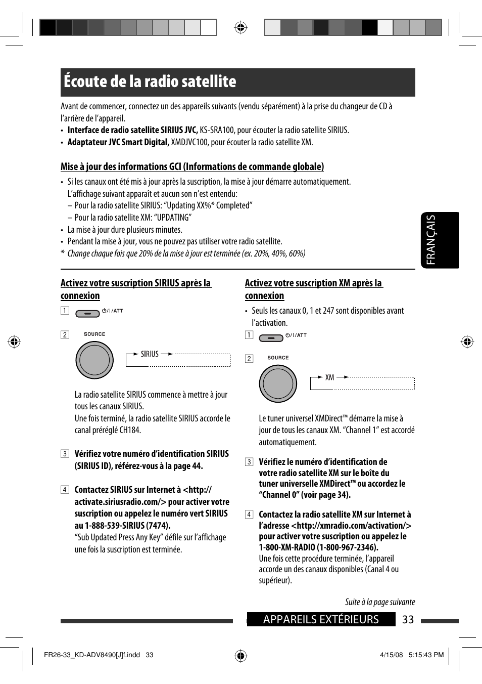 Écoute de la radio satellite, 33 appareils extérieurs français | JVC KD-ADV8490 User Manual | Page 165 / 201