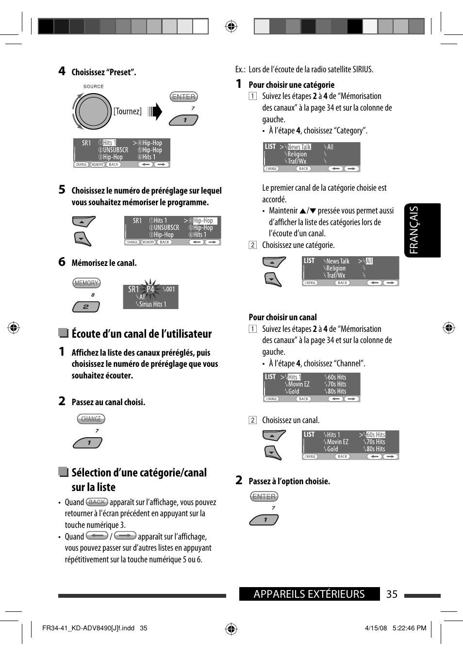 Écoute d’un canal de l’utilisateur, Sélection d’une catégorie/canal sur la liste | JVC KD-ADV8490 User Manual | Page 167 / 201