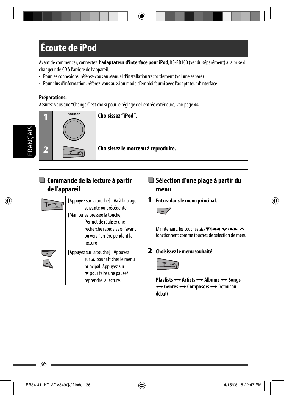 Écoute de ipod, Commande de la lecture à partir de l’appareil, Sélection d’une plage à partir du menu | JVC KD-ADV8490 User Manual | Page 168 / 201