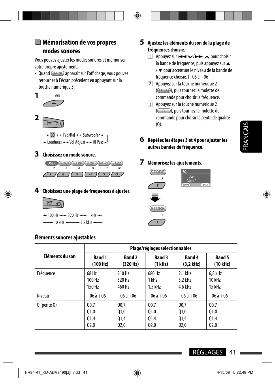 Mémorisation de vos propres modes sonores, 41 réglages français | JVC KD-ADV8490 User Manual | Page 173 / 201