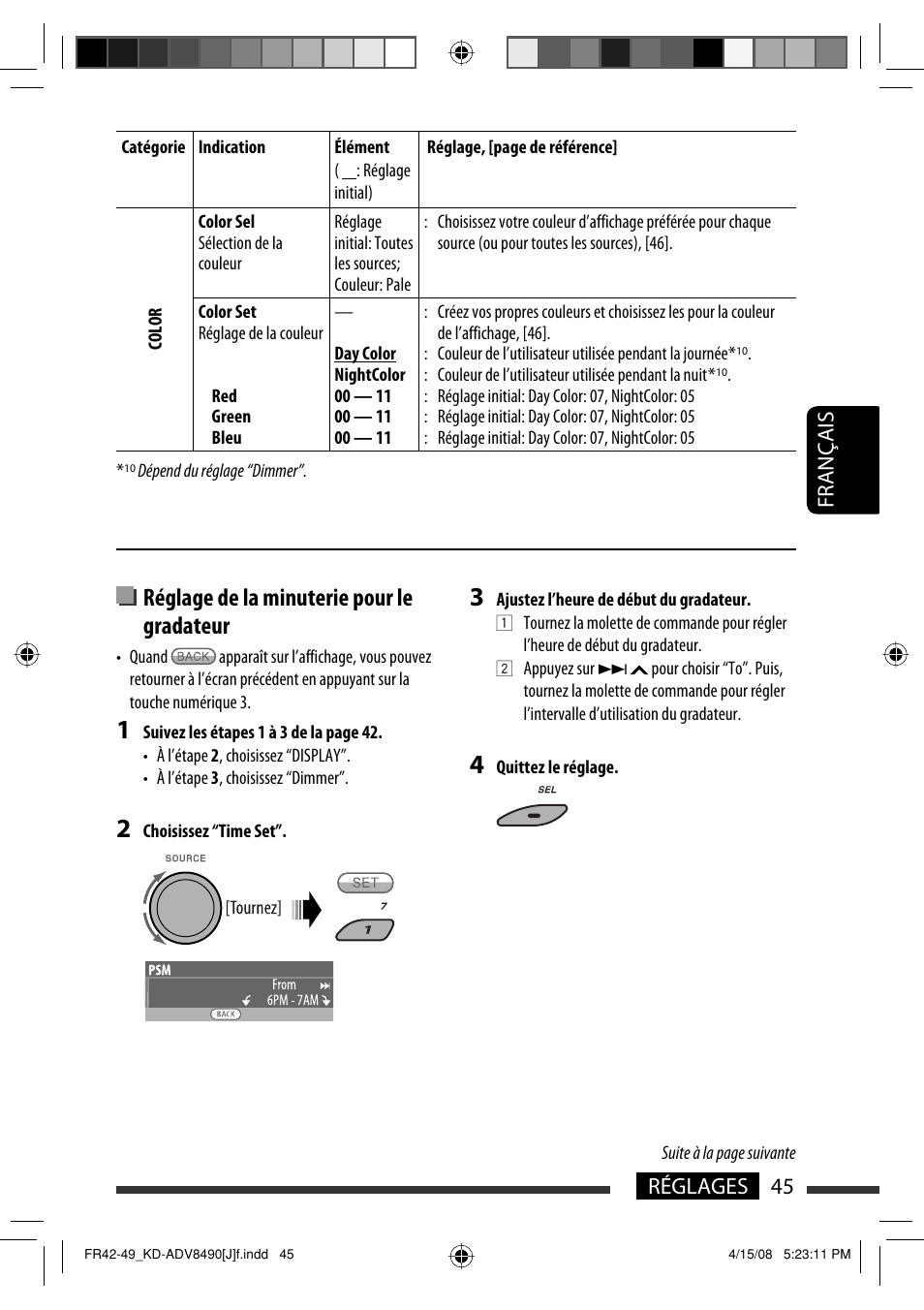 Réglage de la minuterie pour le gradateur, 45 réglages français | JVC KD-ADV8490 User Manual | Page 177 / 201