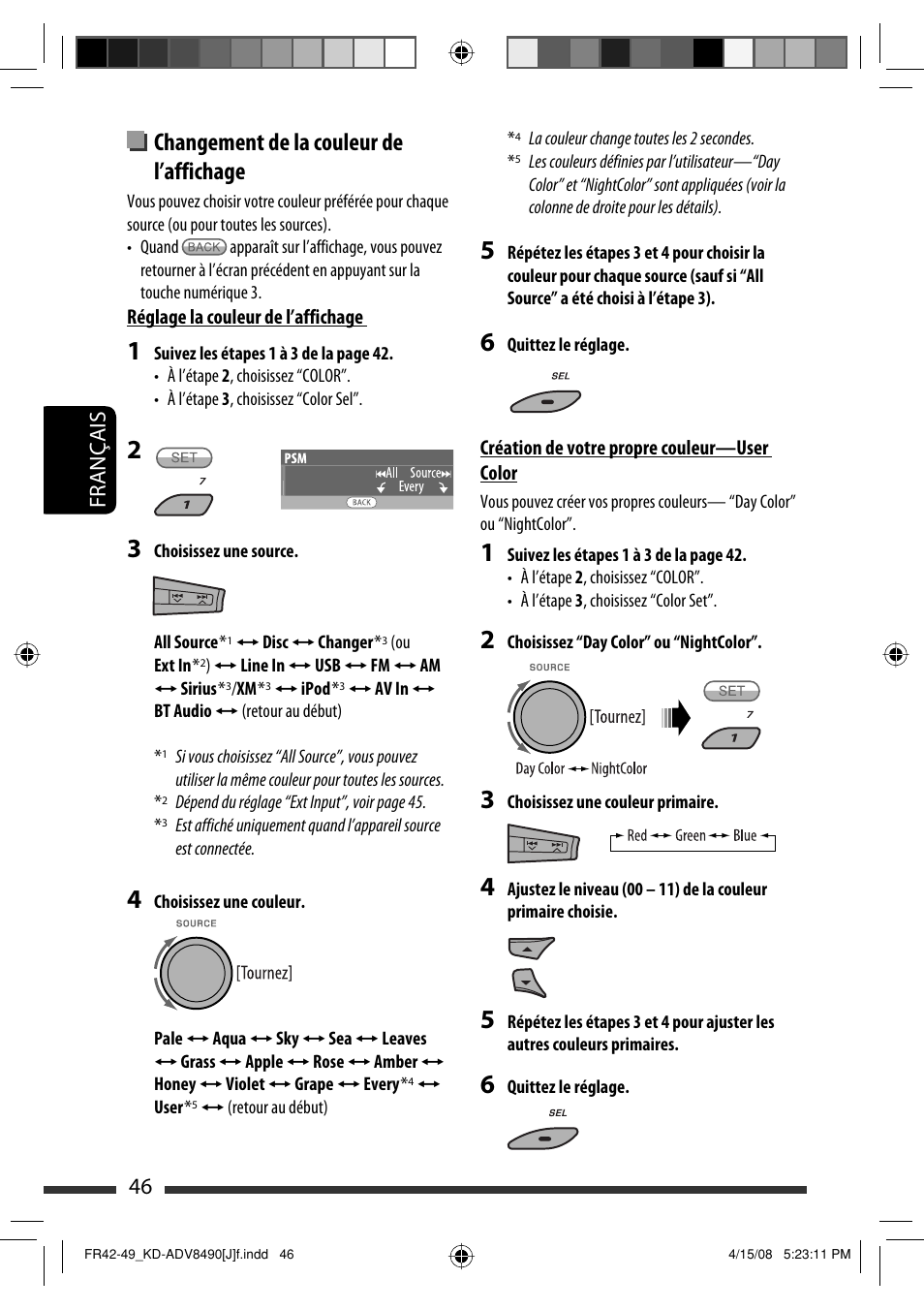 Changement de la couleur de l’affichage, 46 français | JVC KD-ADV8490 User Manual | Page 178 / 201