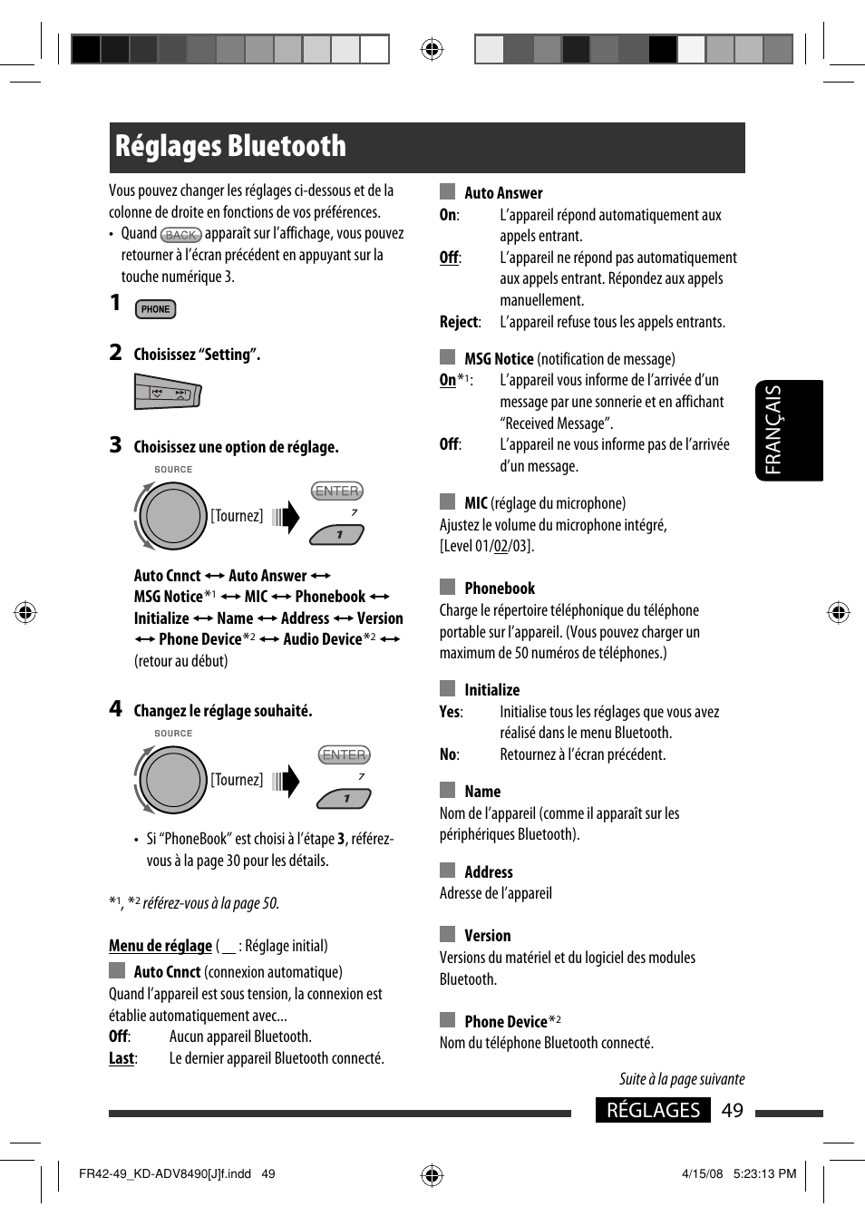 Réglages bluetooth, 49 réglages français | JVC KD-ADV8490 User Manual | Page 181 / 201