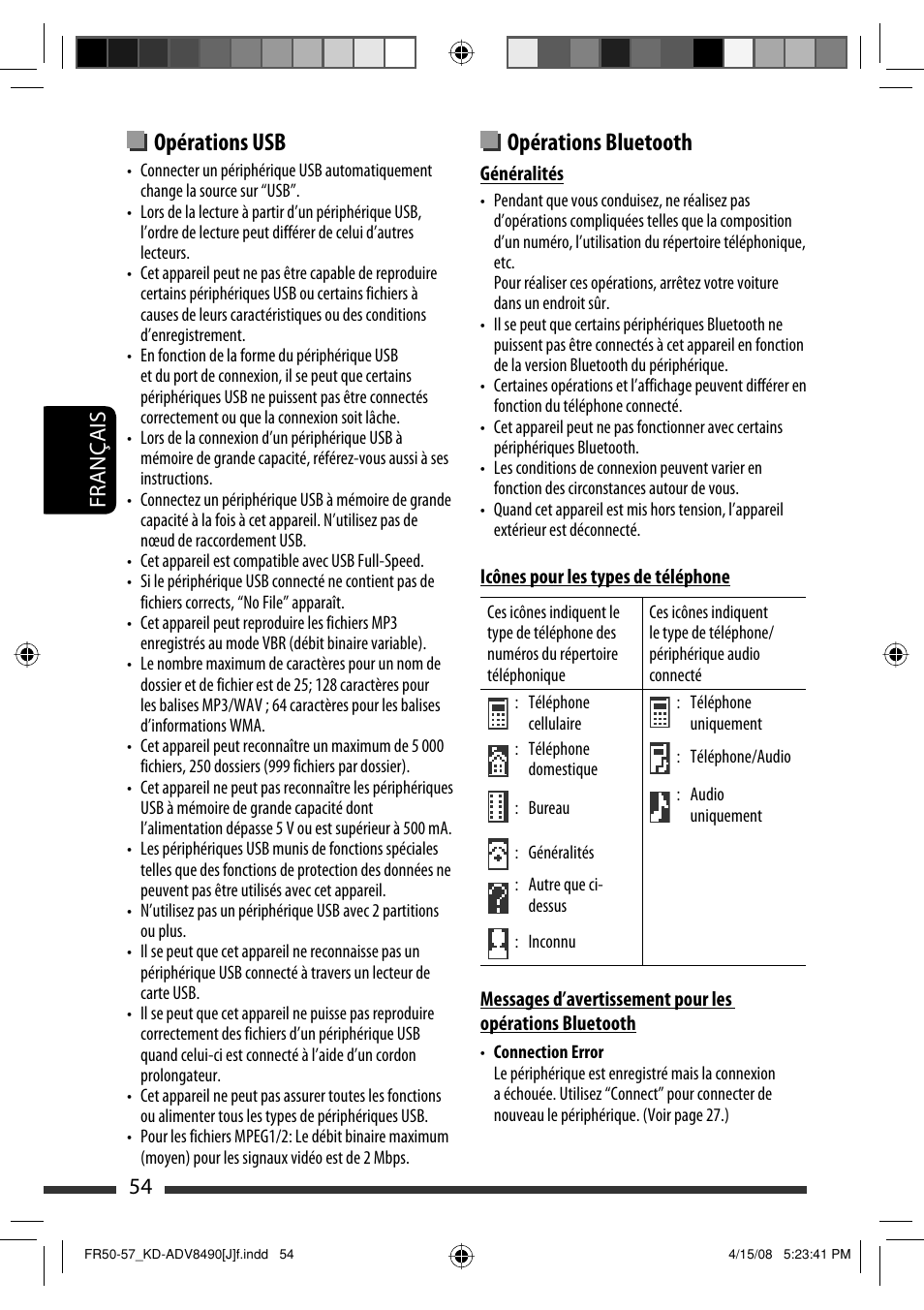 Opérations bluetooth, Opérations usb, 54 français | JVC KD-ADV8490 User Manual | Page 186 / 201