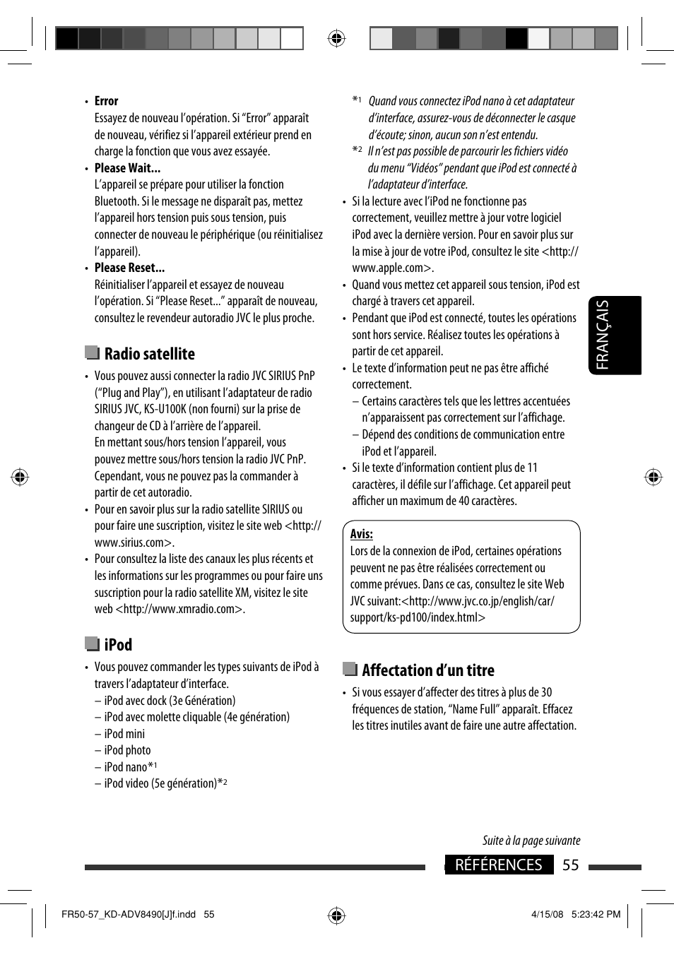 Affectation d’un titre, Radio satellite, Ipod | 55 références français | JVC KD-ADV8490 User Manual | Page 187 / 201