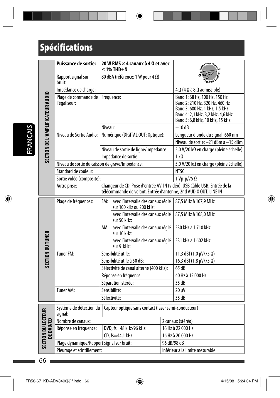 Spécifications, 66 français | JVC KD-ADV8490 User Manual | Page 198 / 201