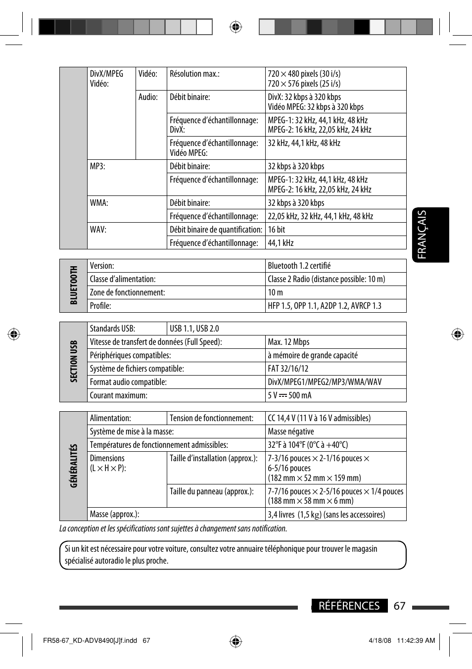 67 références français | JVC KD-ADV8490 User Manual | Page 199 / 201