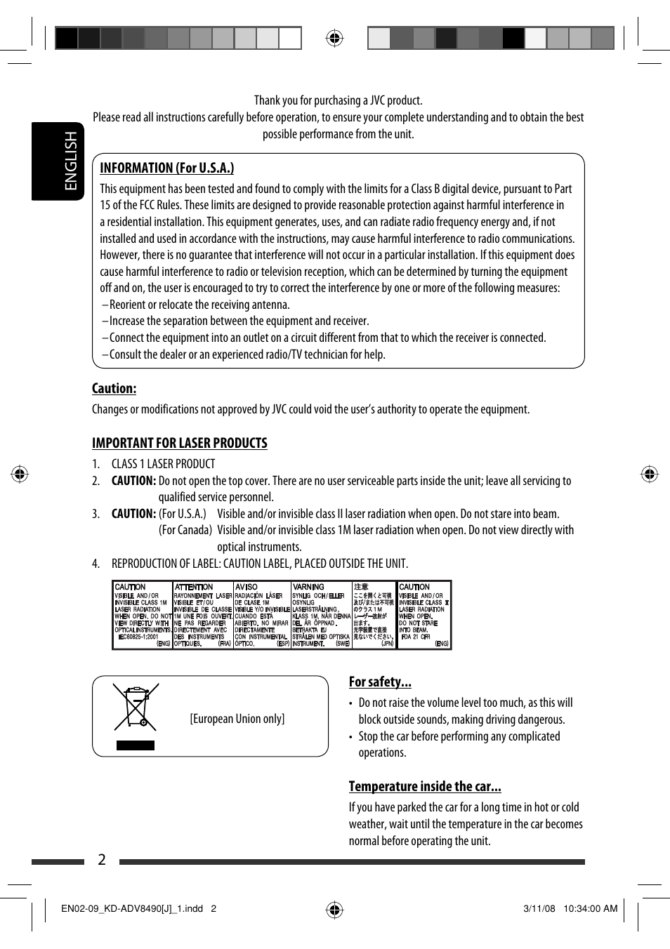 English 2 | JVC KD-ADV8490 User Manual | Page 2 / 201