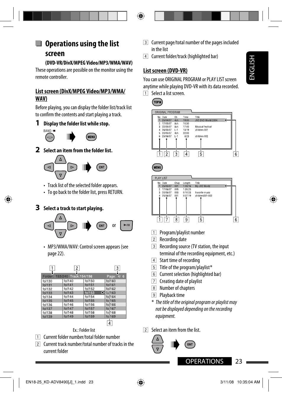 Operations using the list screen, English 23 operations | JVC KD-ADV8490 User Manual | Page 23 / 201