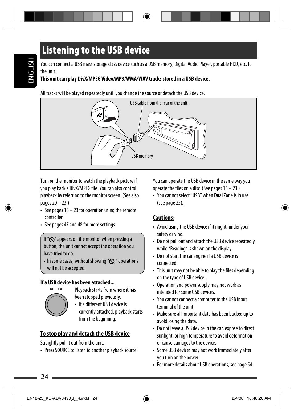 Listening to the usb device, English 24 | JVC KD-ADV8490 User Manual | Page 24 / 201