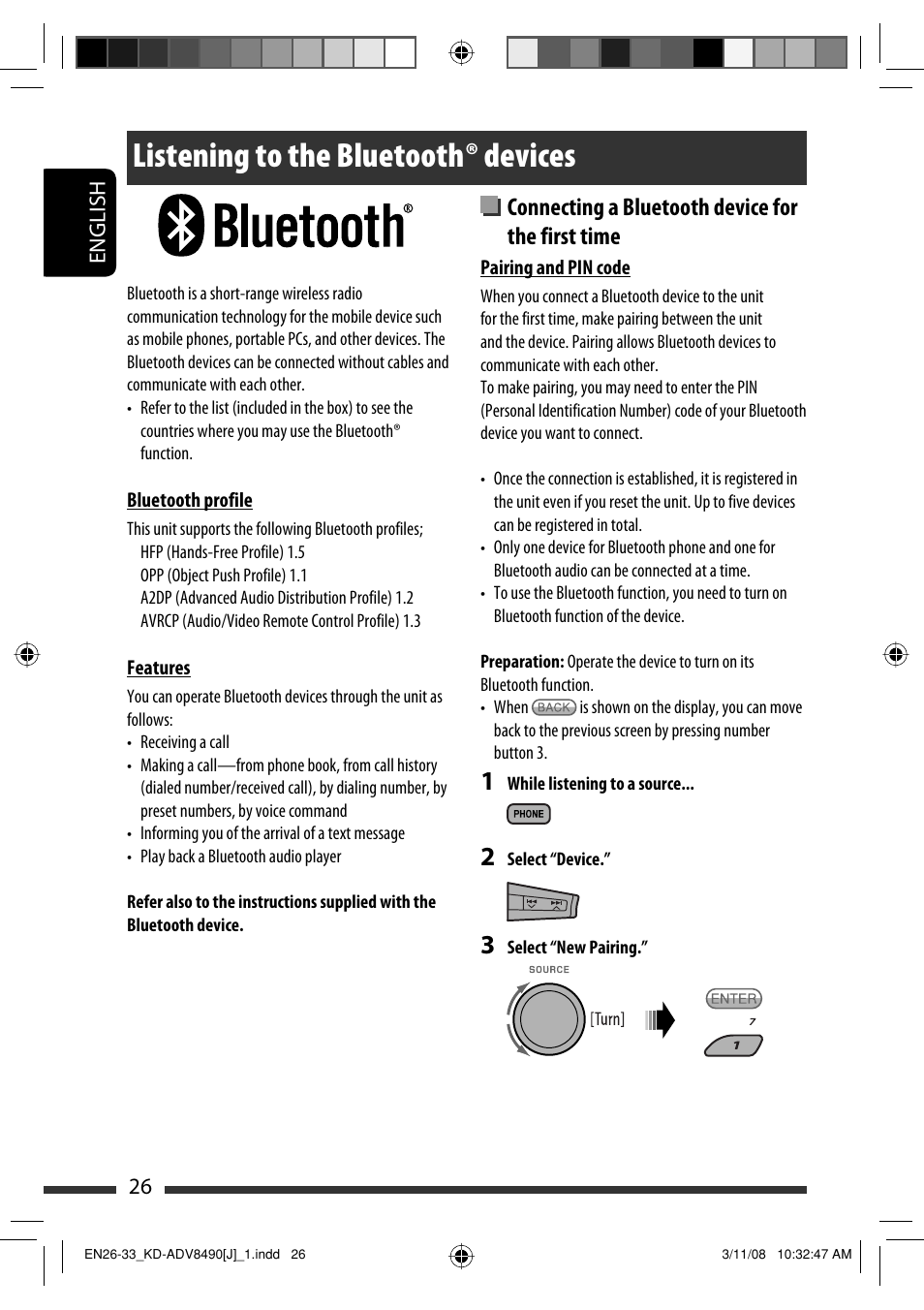 Listening to the bluetooth ® devices, Connecting a bluetooth device for the first time | JVC KD-ADV8490 User Manual | Page 26 / 201