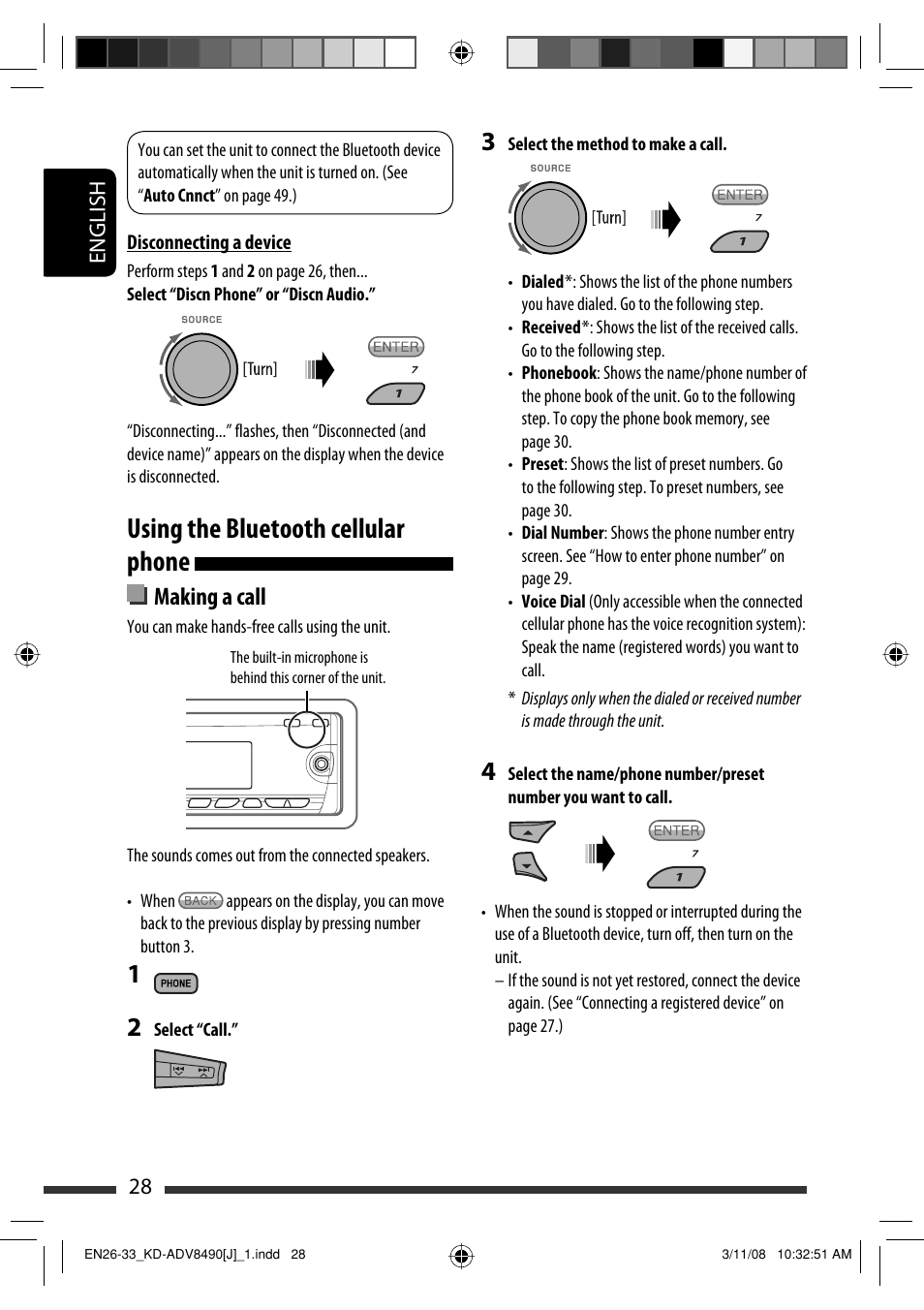 Using the bluetooth cellular phone, Making a call | JVC KD-ADV8490 User Manual | Page 28 / 201