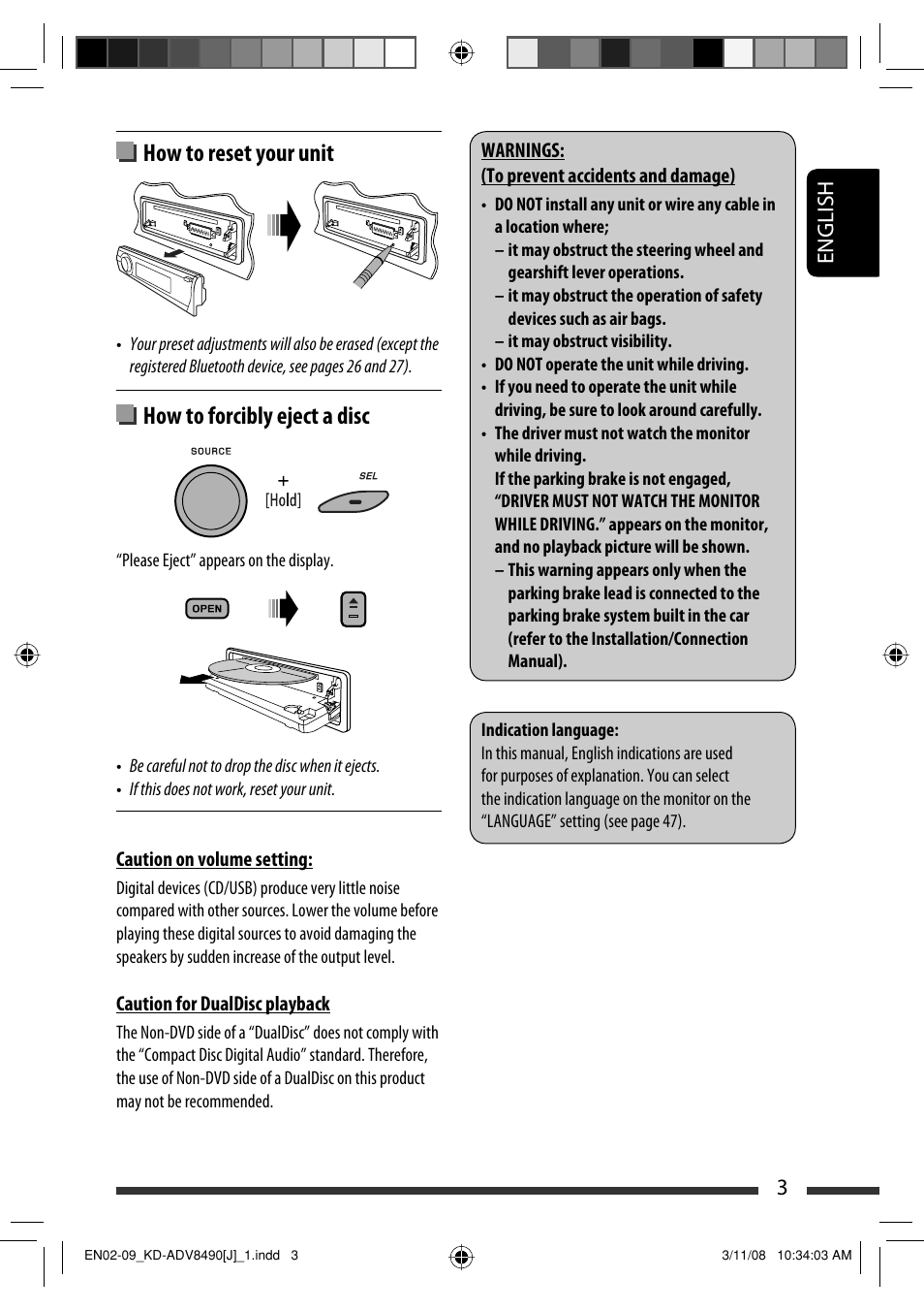 How to reset your unit, How to forcibly eject a disc, English 3 | JVC KD-ADV8490 User Manual | Page 3 / 201