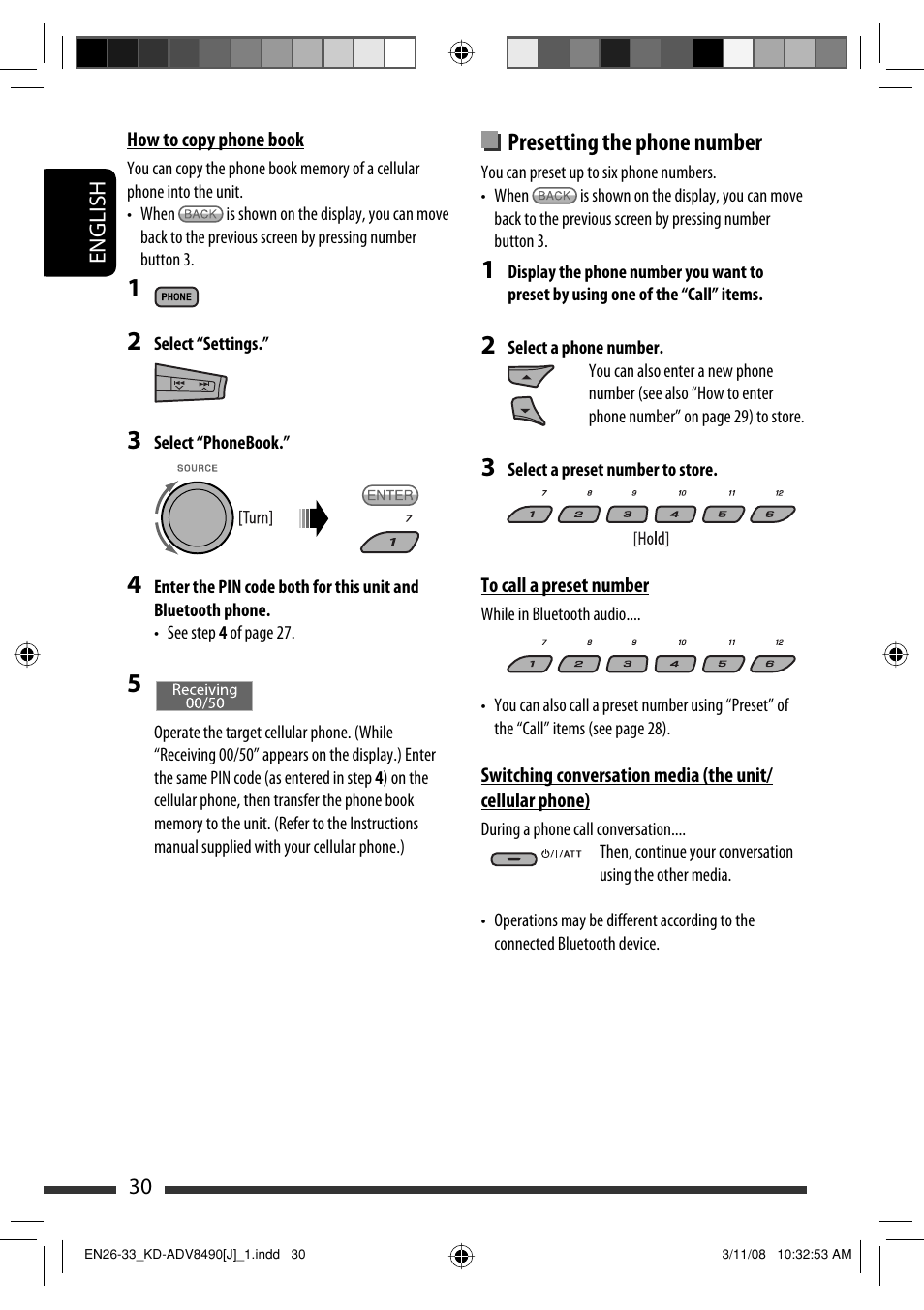 Presetting the phone number | JVC KD-ADV8490 User Manual | Page 30 / 201