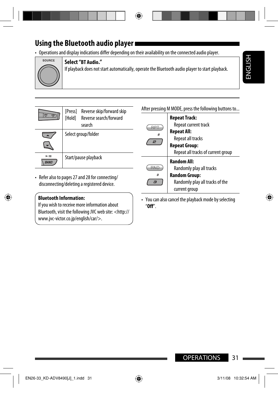 Using the bluetooth audio player, English 31 operations | JVC KD-ADV8490 User Manual | Page 31 / 201