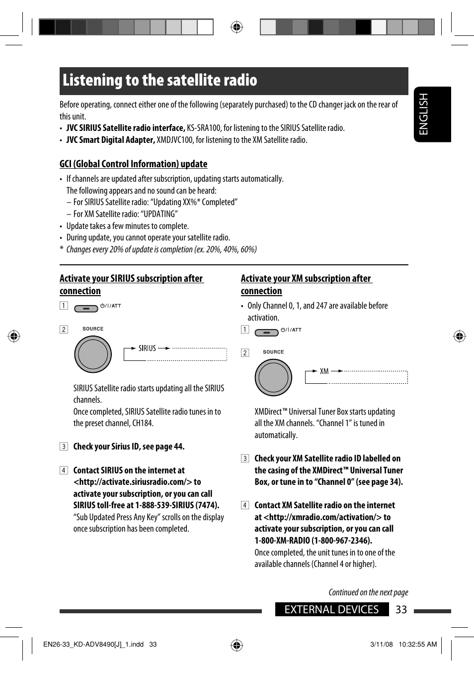 Listening to the satellite radio, English 33 external devices | JVC KD-ADV8490 User Manual | Page 33 / 201