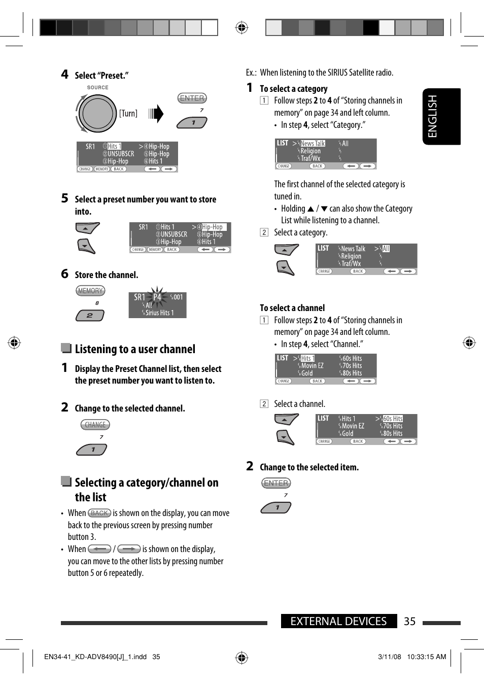 Listening to a user channel, Selecting a category/channel on the list | JVC KD-ADV8490 User Manual | Page 35 / 201
