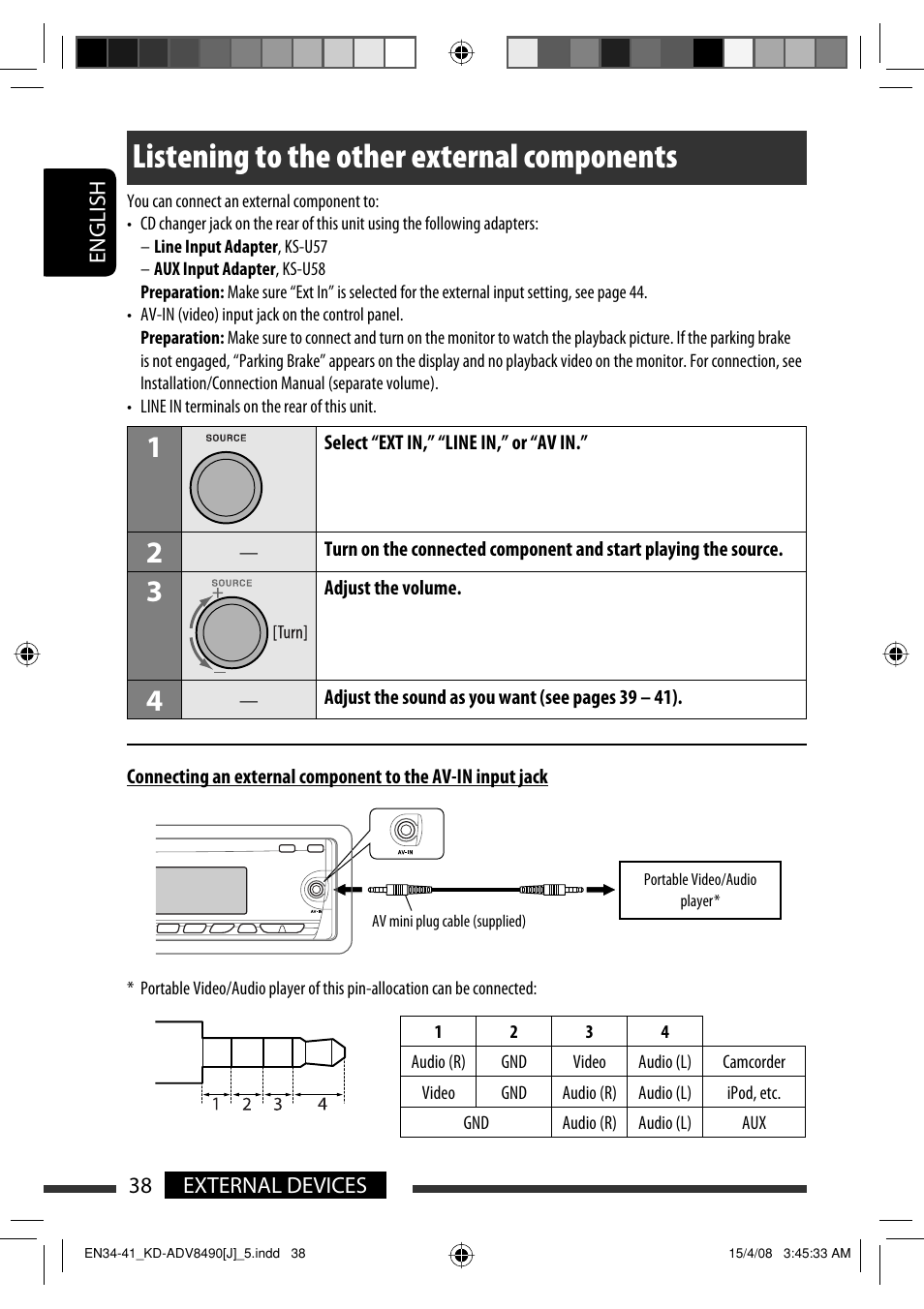 Listening to the other external components | JVC KD-ADV8490 User Manual | Page 38 / 201