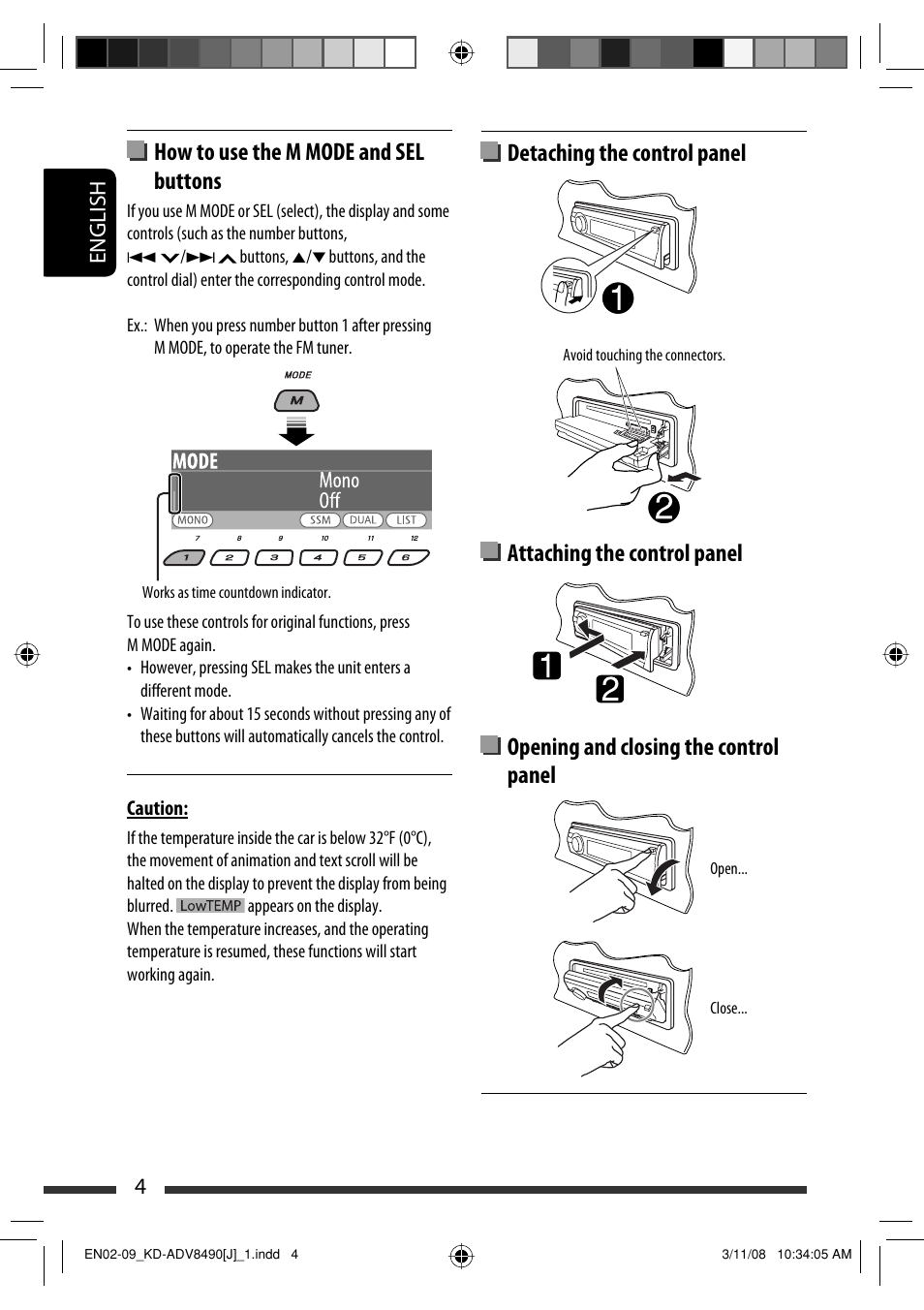 How to use the m mode and sel buttons, English 4 | JVC KD-ADV8490 User Manual | Page 4 / 201