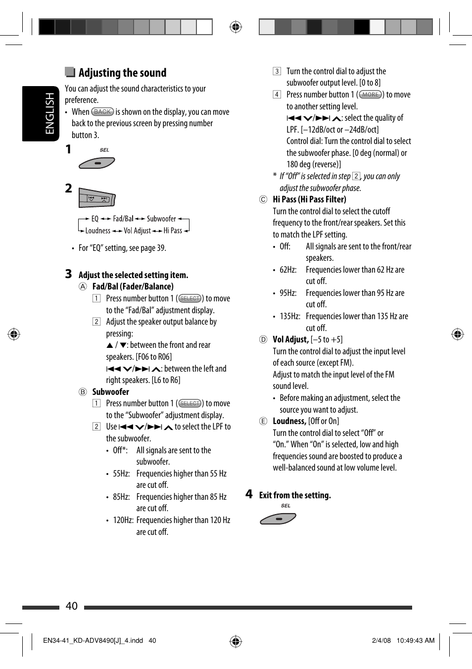 Adjusting the sound, English 40 | JVC KD-ADV8490 User Manual | Page 40 / 201