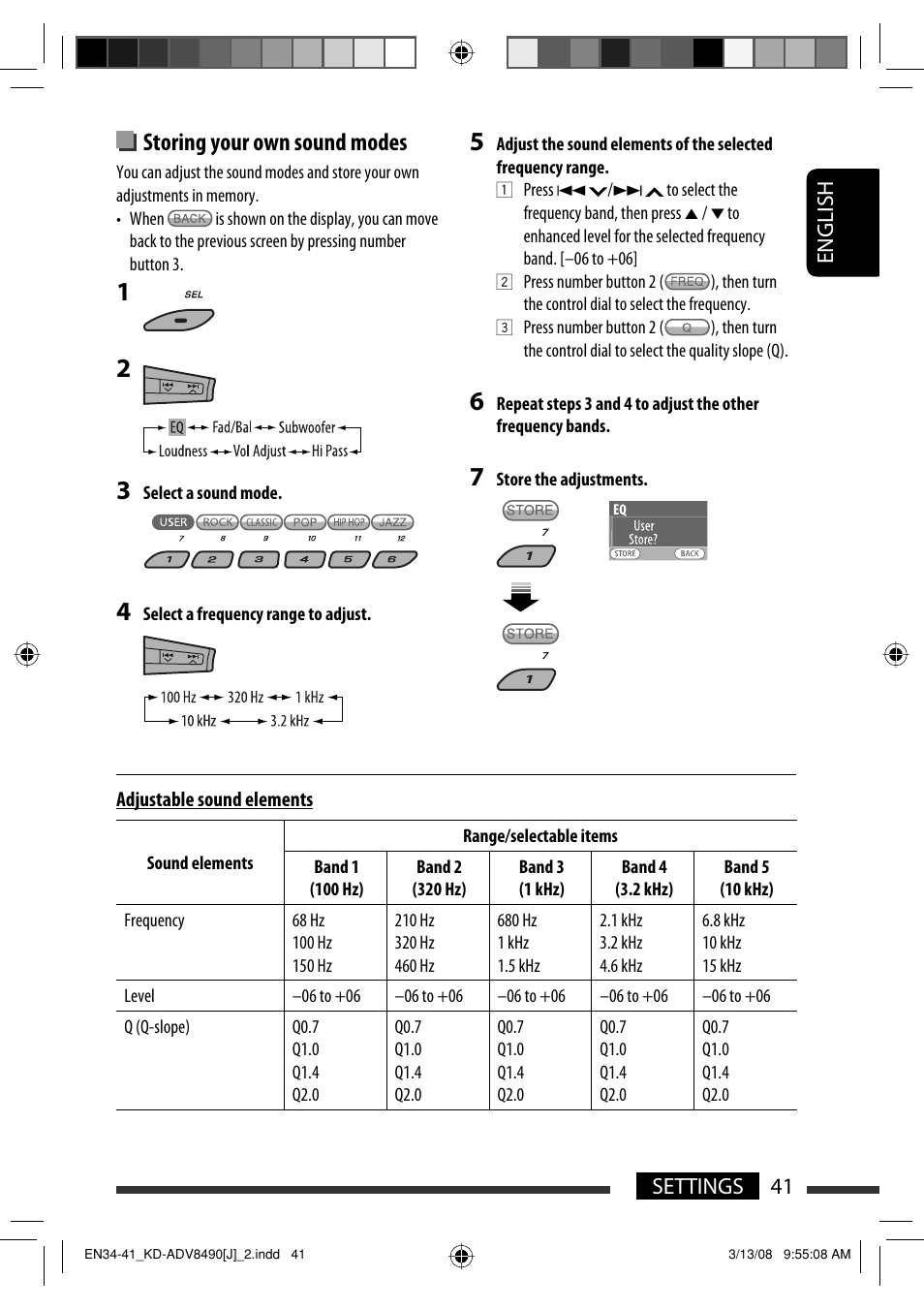 Storing your own sound modes, English 41 settings | JVC KD-ADV8490 User Manual | Page 41 / 201