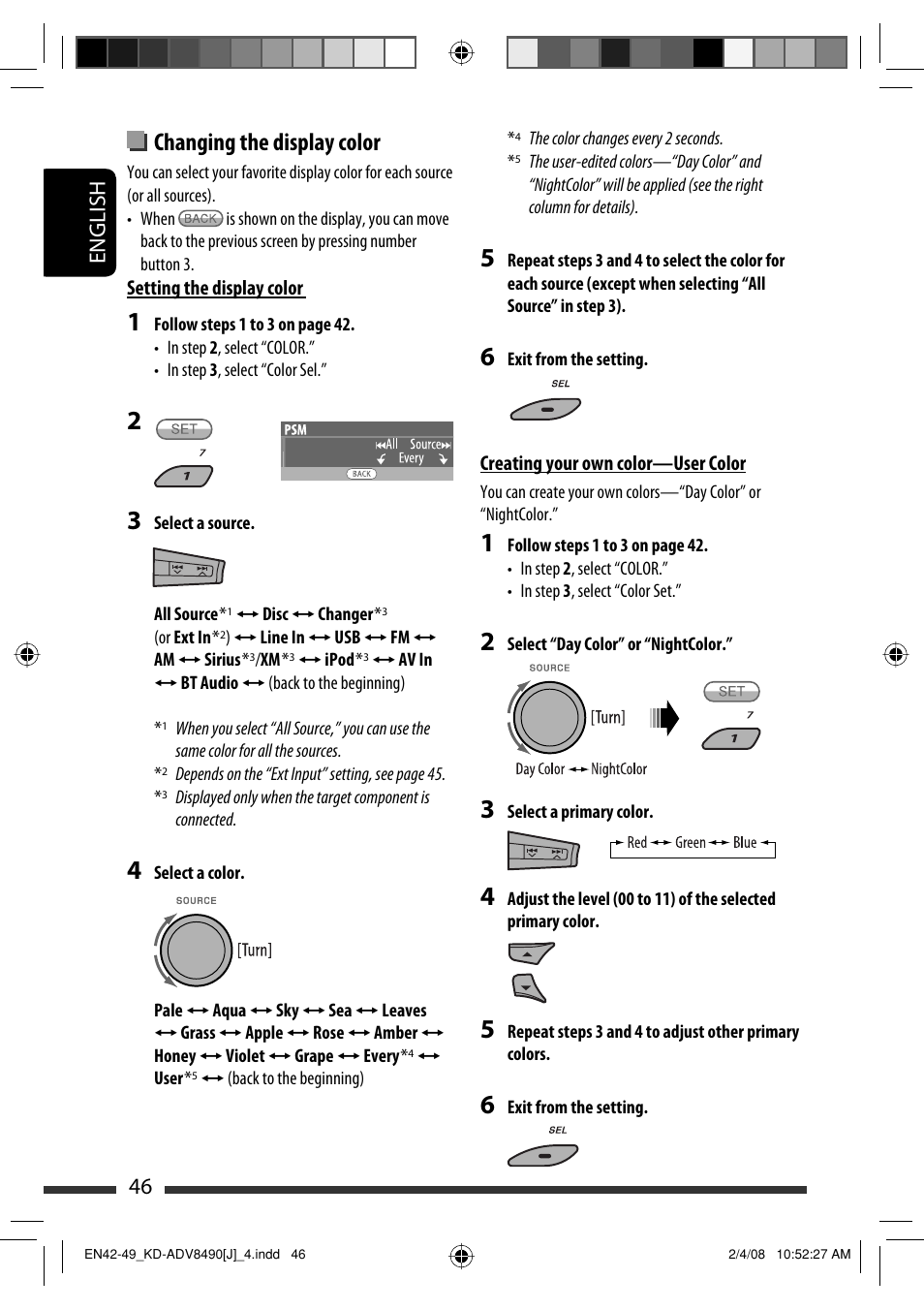 Changing the display color, English 46 | JVC KD-ADV8490 User Manual | Page 46 / 201