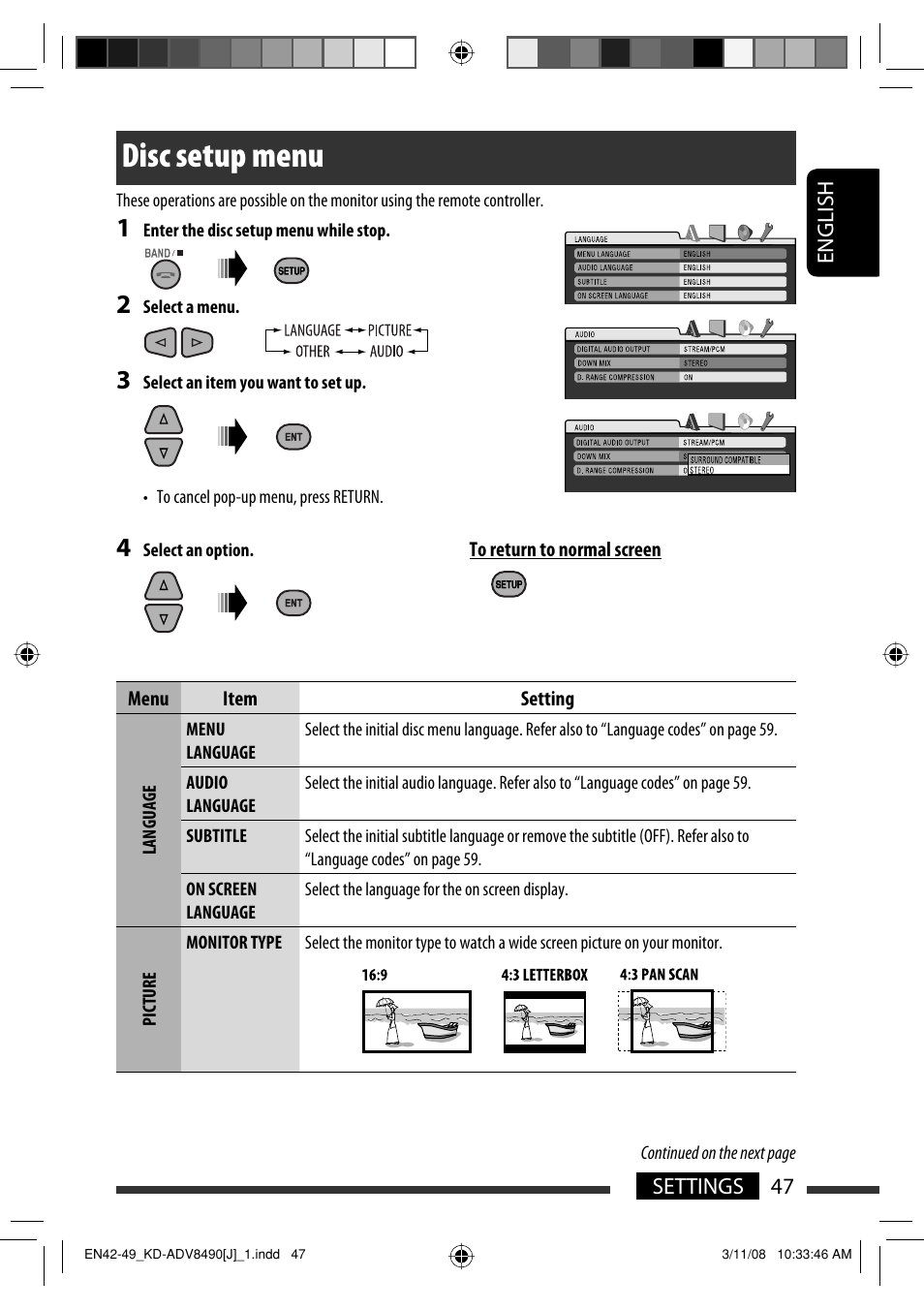 Disc setup menu | JVC KD-ADV8490 User Manual | Page 47 / 201