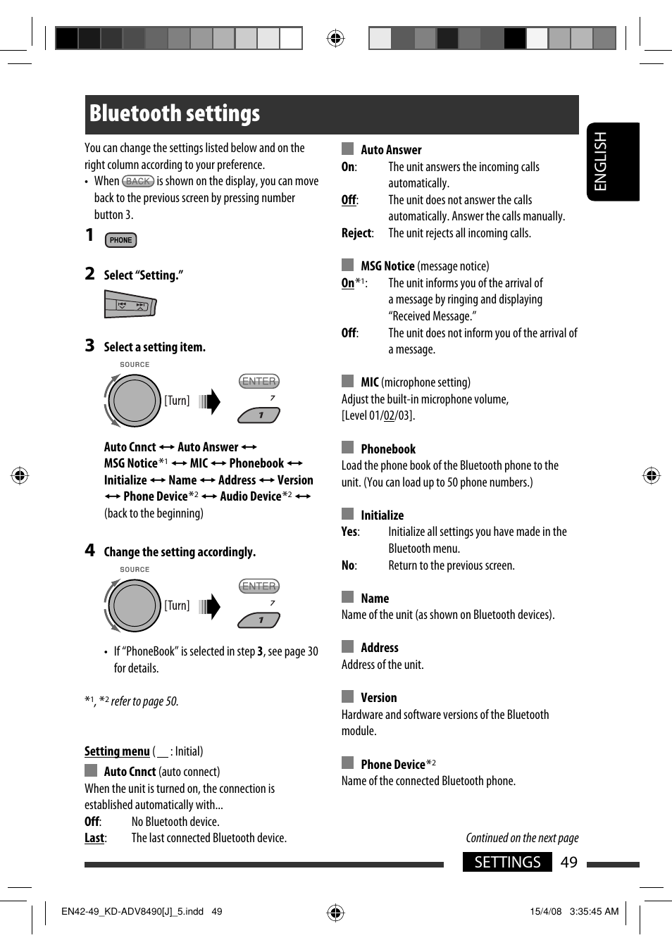 Bluetooth settings, English 49 settings | JVC KD-ADV8490 User Manual | Page 49 / 201