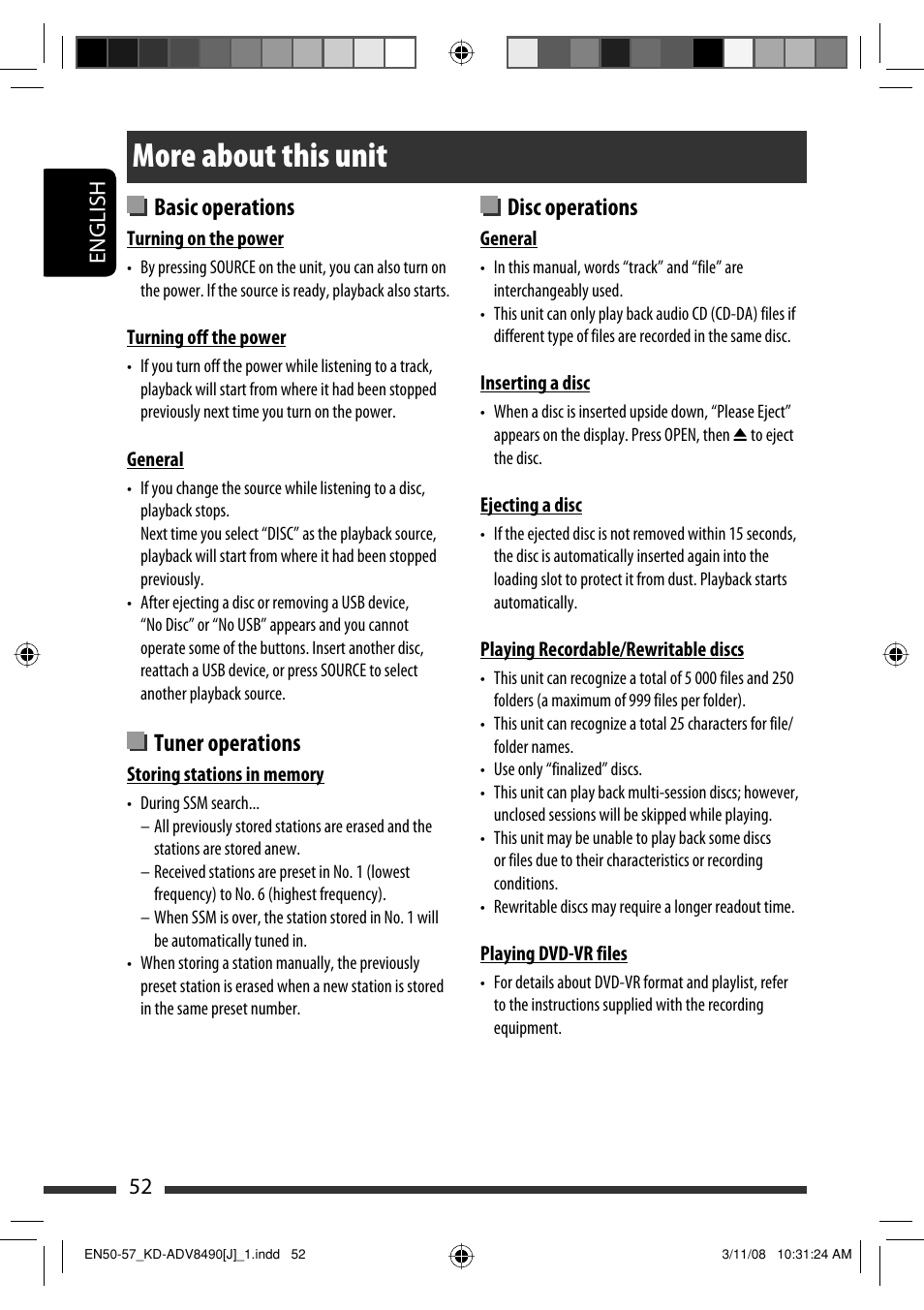 More about this unit, Disc operations, Basic operations | Tuner operations | JVC KD-ADV8490 User Manual | Page 52 / 201