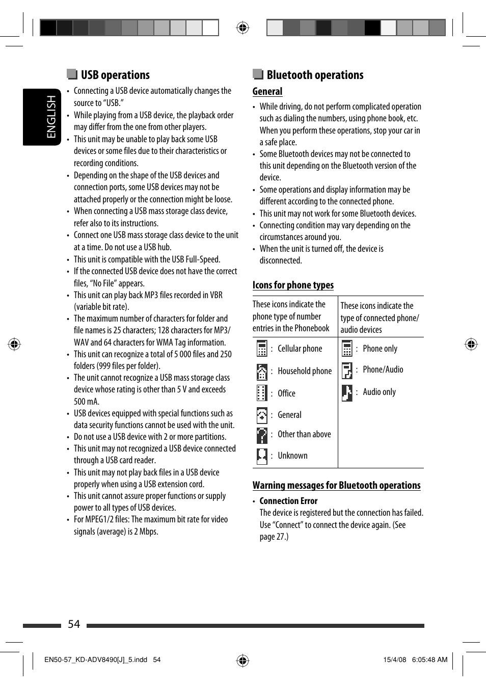 Bluetooth operations, Usb operations, English 54 | JVC KD-ADV8490 User Manual | Page 54 / 201