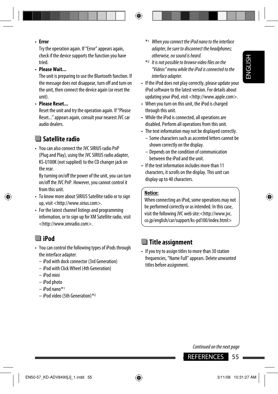 Title assignment, Satellite radio, Ipod | English 55 references | JVC KD-ADV8490 User Manual | Page 55 / 201