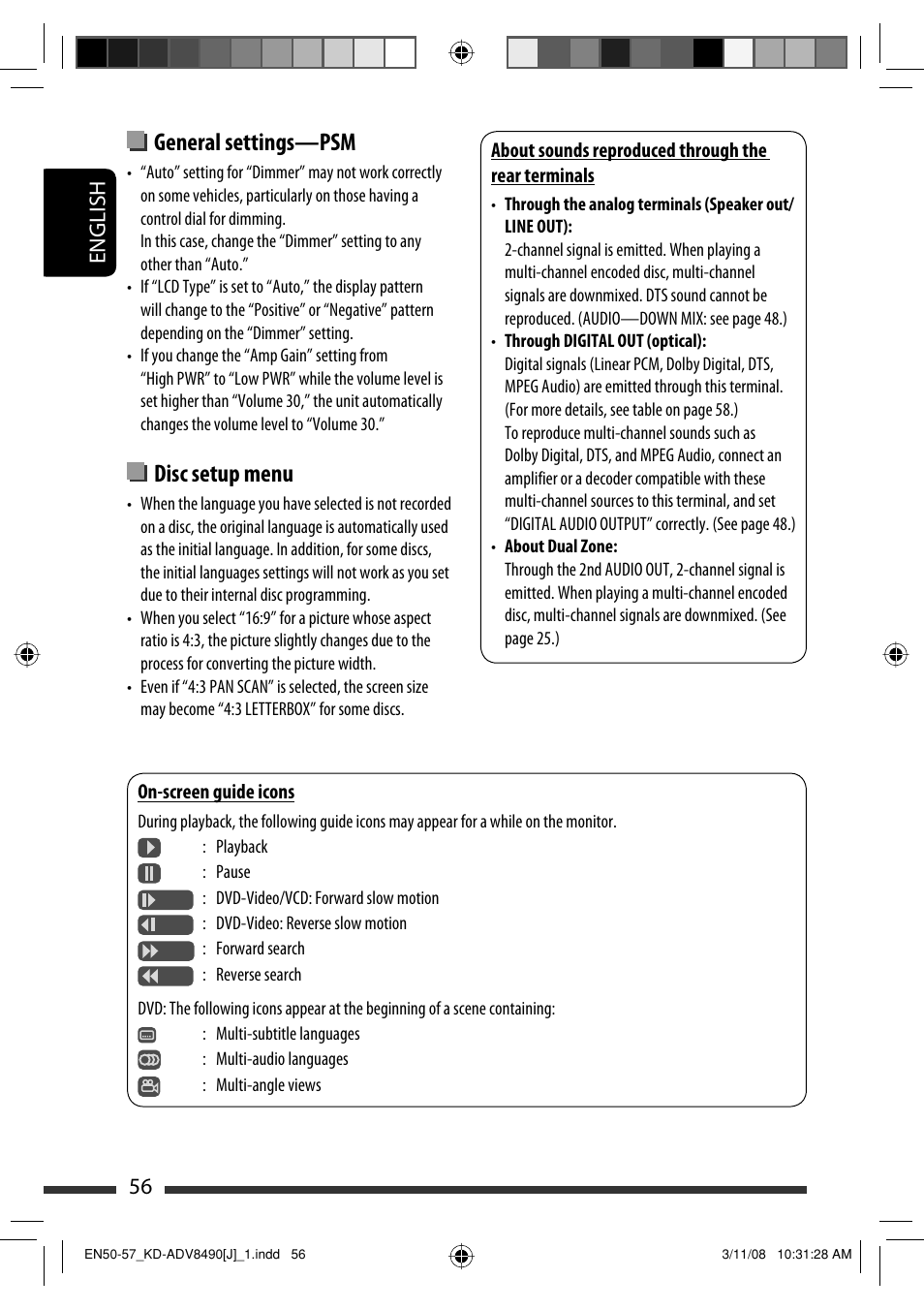 General settings—psm, Disc setup menu, English 56 | JVC KD-ADV8490 User Manual | Page 56 / 201