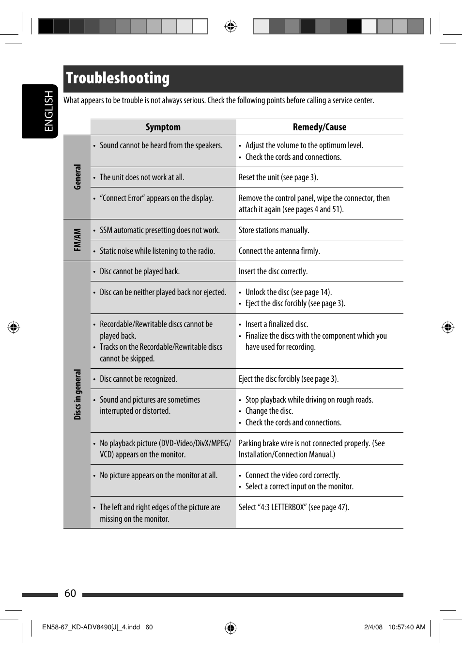 Troubleshooting, English 60 | JVC KD-ADV8490 User Manual | Page 60 / 201