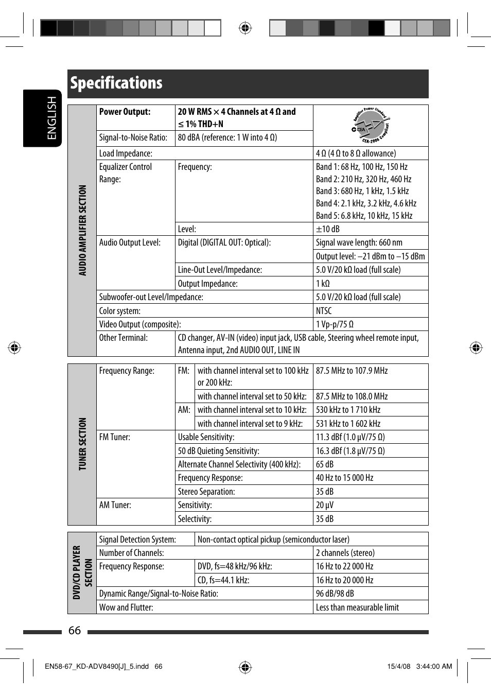Specifications, English 66 | JVC KD-ADV8490 User Manual | Page 66 / 201