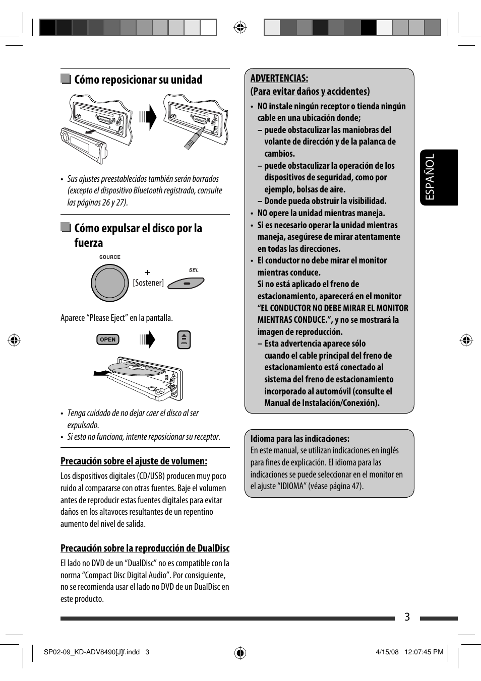 Cómo reposicionar su unidad, Cómo expulsar el disco por la fuerza, 3español | JVC KD-ADV8490 User Manual | Page 69 / 201