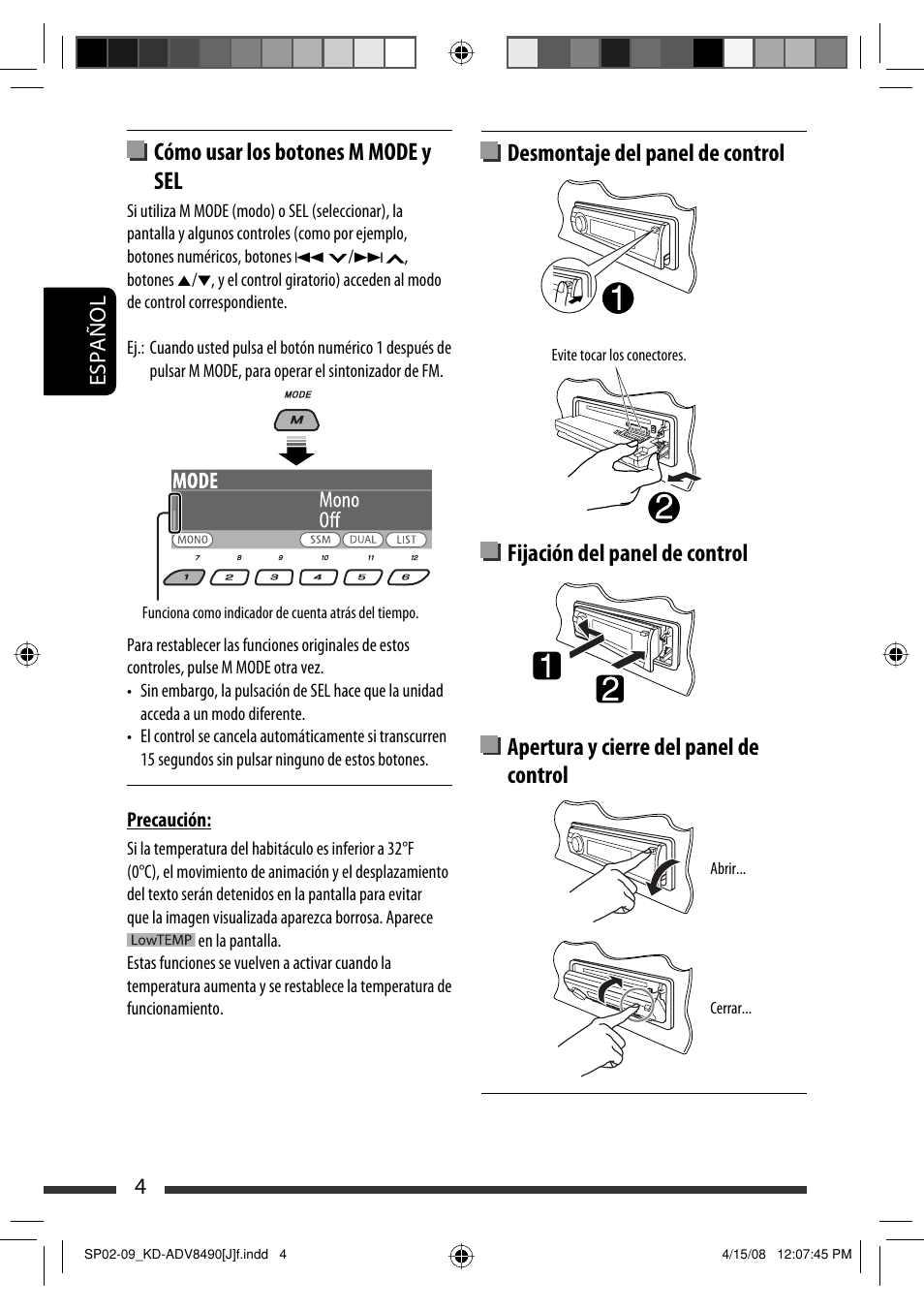 Cómo usar los botones m mode y sel, 4español | JVC KD-ADV8490 User Manual | Page 70 / 201