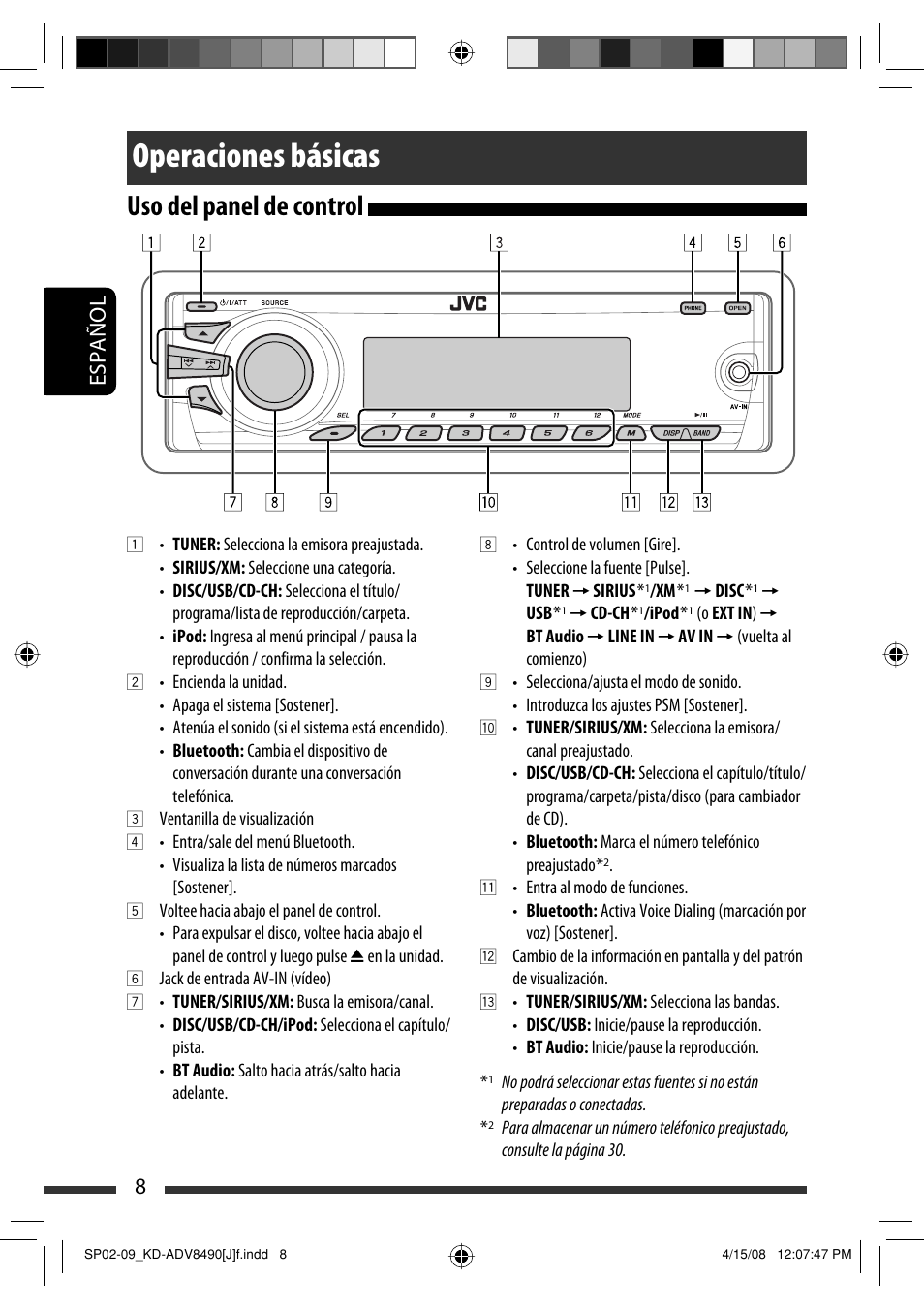 Operaciones básicas, Uso del panel de control, 8español | JVC KD-ADV8490 User Manual | Page 74 / 201