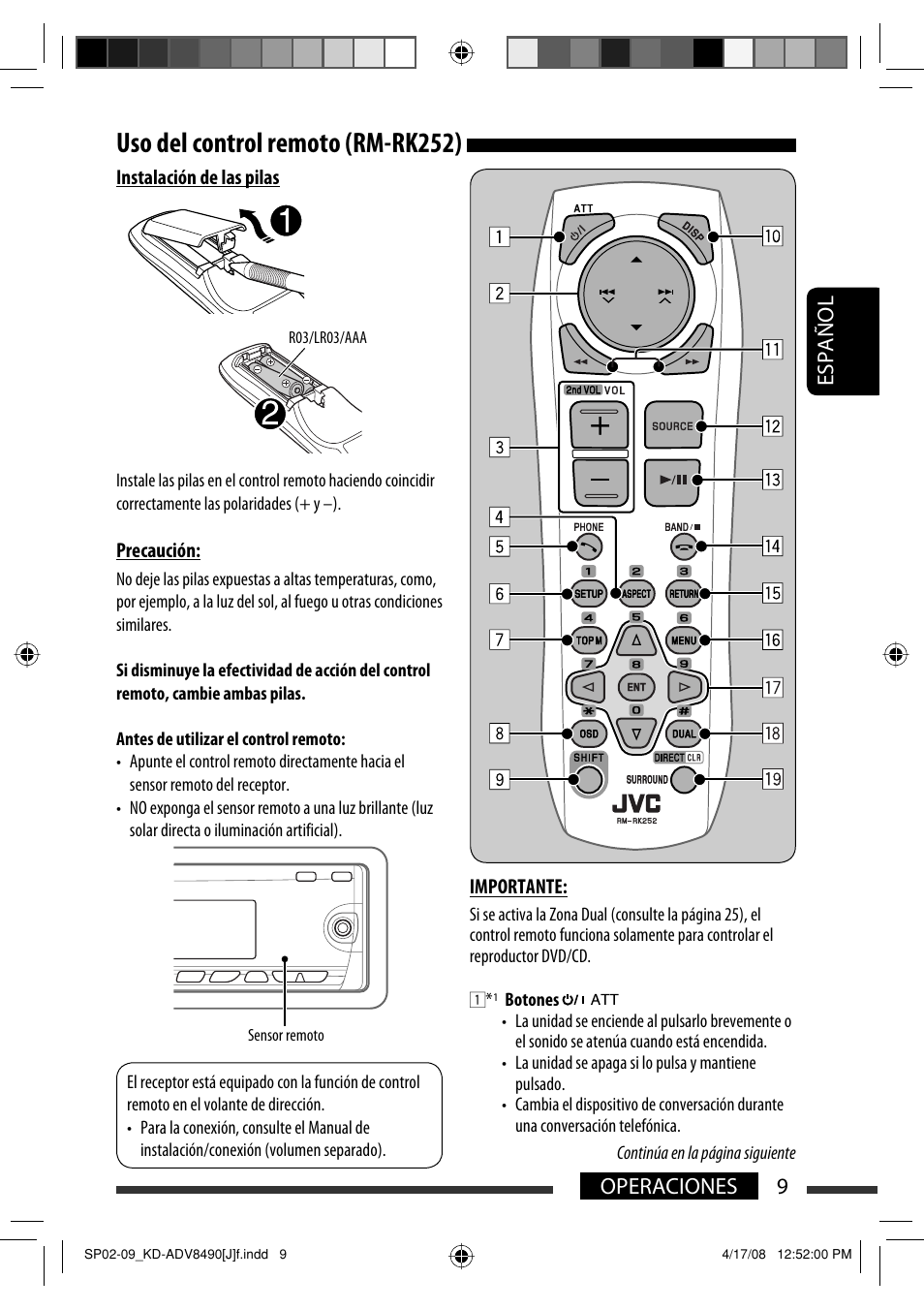 Uso del control remoto (rm-rk252), 9operaciones español | JVC KD-ADV8490 User Manual | Page 75 / 201