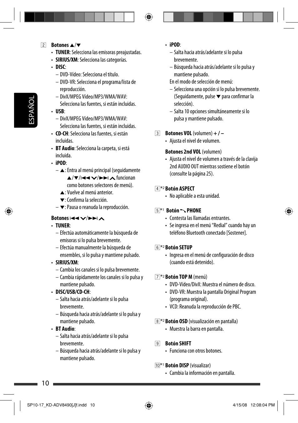 10 español | JVC KD-ADV8490 User Manual | Page 76 / 201