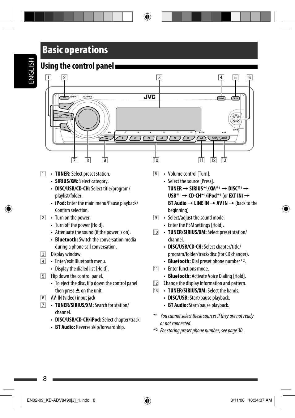 Basic operations, Using the control panel, English 8 | JVC KD-ADV8490 User Manual | Page 8 / 201