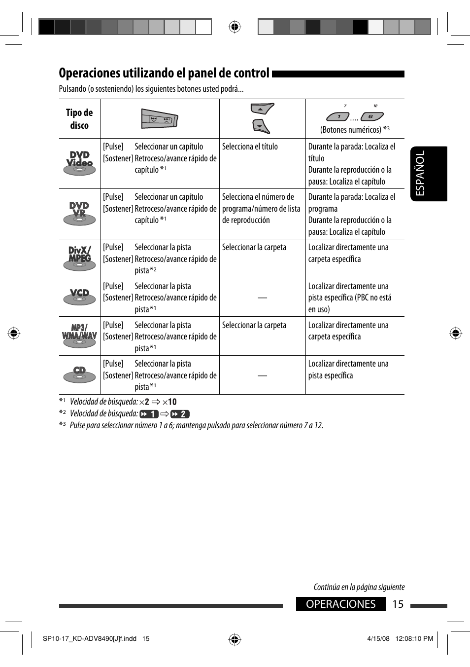 Operaciones utilizando el panel de control, 15 operaciones español | JVC KD-ADV8490 User Manual | Page 81 / 201