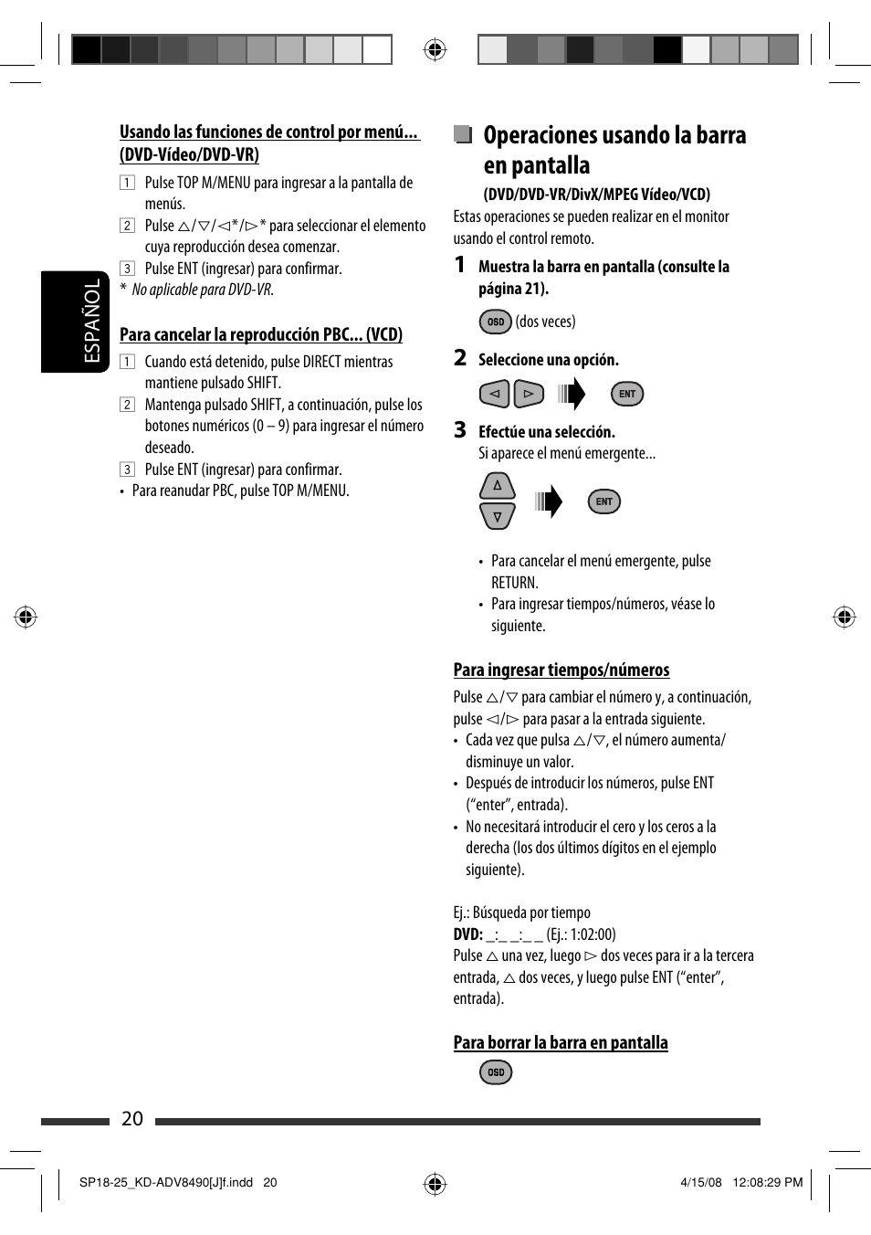 Operaciones usando la barra en pantalla, 20 español | JVC KD-ADV8490 User Manual | Page 86 / 201