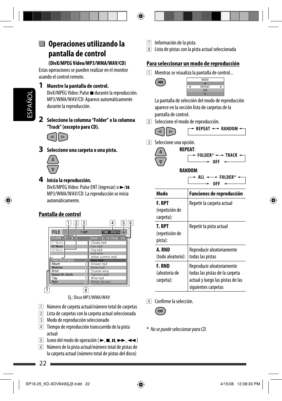 Operaciones utilizando la pantalla de control, 22 español | JVC KD-ADV8490 User Manual | Page 88 / 201