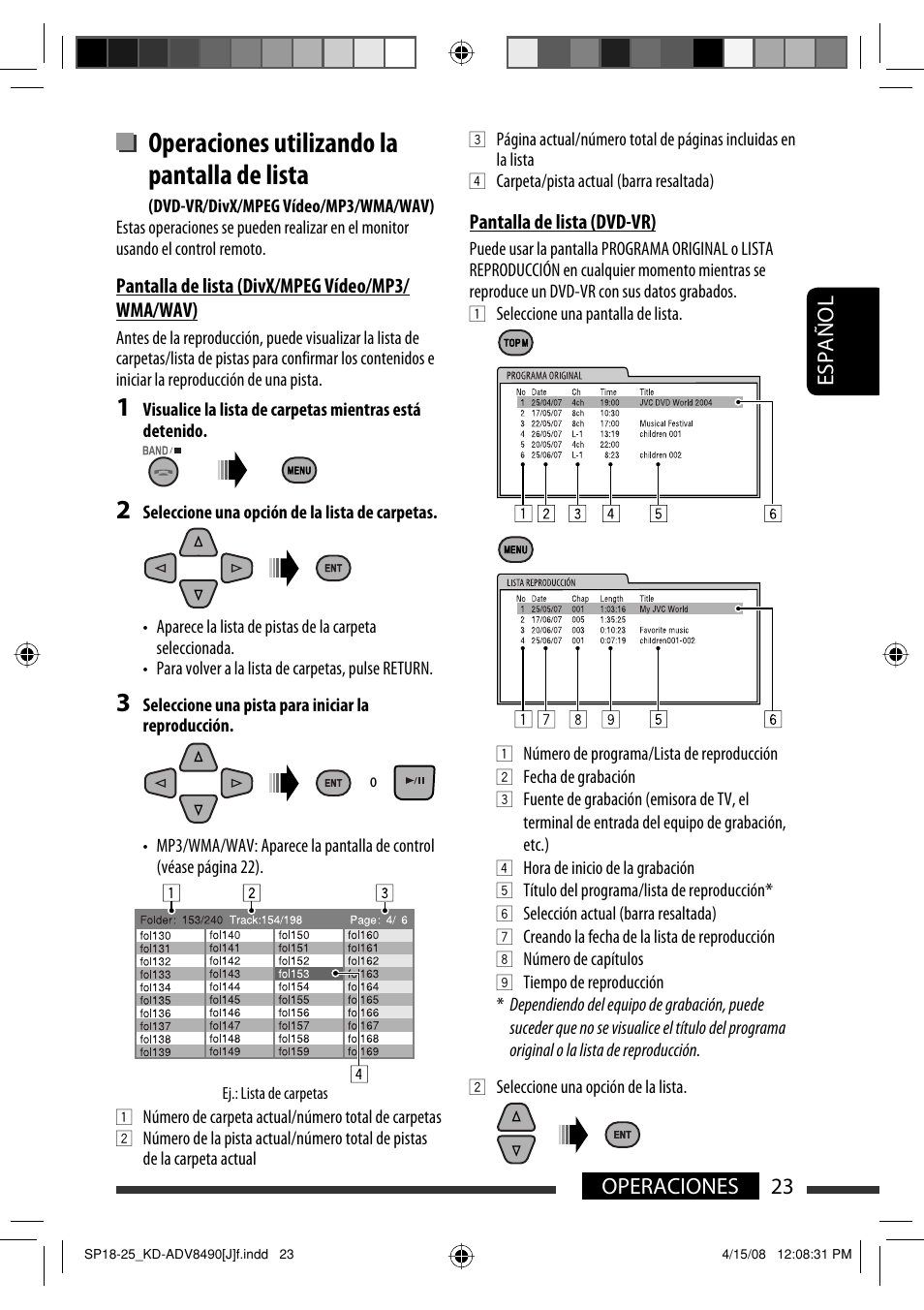 Operaciones utilizando la pantalla de lista, 23 operaciones español | JVC KD-ADV8490 User Manual | Page 89 / 201